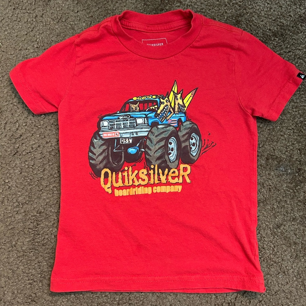 Quiksilver Red Kids Tee with Monster Truck Design